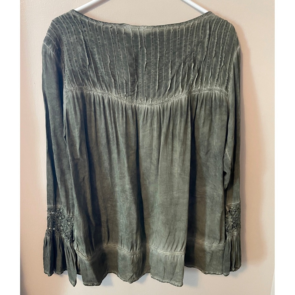 Cato Olive Green Boho Pintuck Lace Bell Sleeve Blouse Lg Peasant Cottagecore - Picture 6 of 12